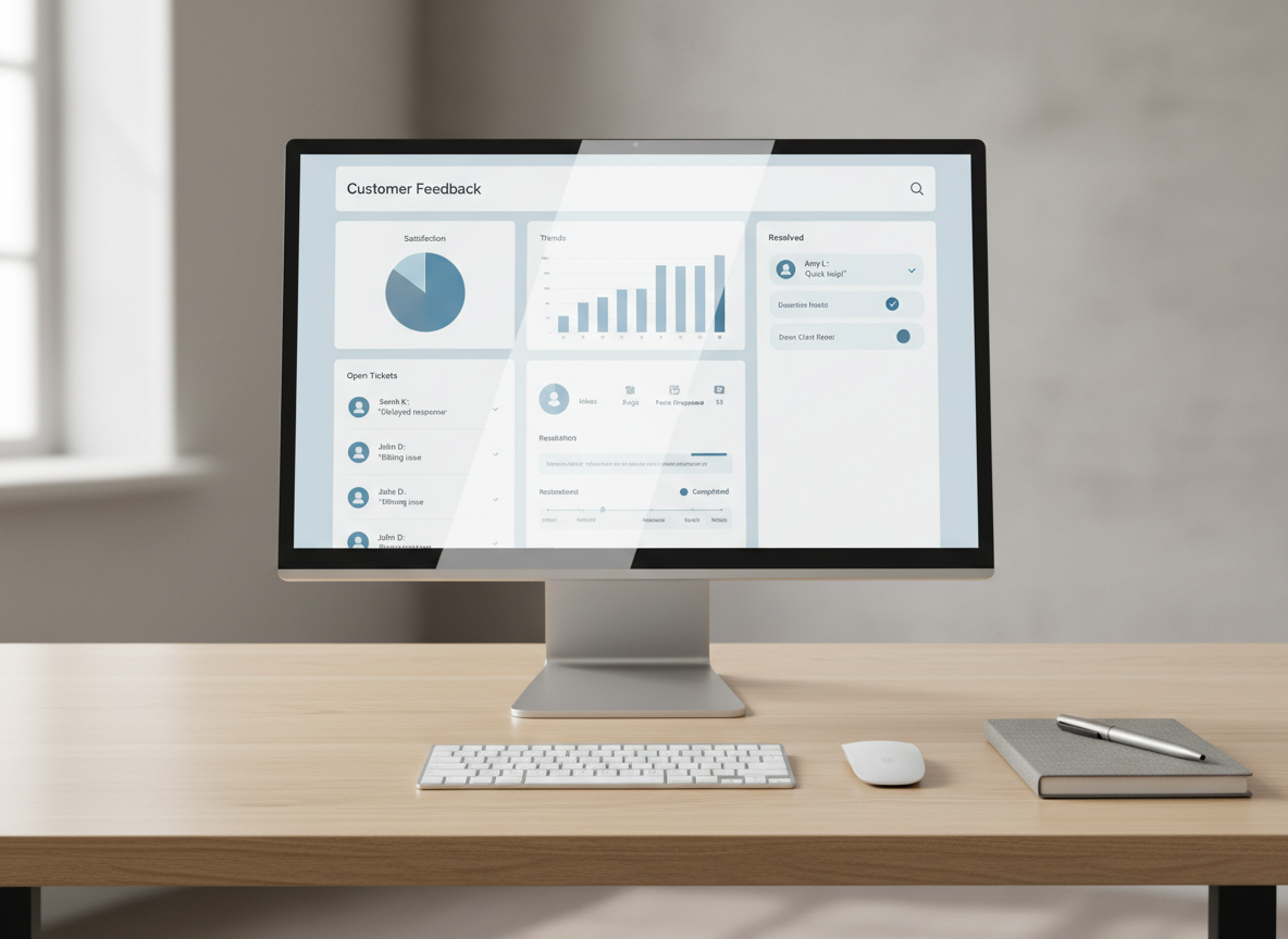 A sleek, minimalist customer feedback dashboard displayed on a thin-bezel, silver monitor standing on a light oak desk. The screen shows organized charts, message threads, and resolution statuses in calm blues and neutral grays, with clean icons and ample white space. Around the monitor, only a wireless keyboard, mouse, and a closed gray notebook rest in an orderly layout. Soft, diffused daylight enters from an unseen window, creating gentle reflections on the monitor and subtle shadows under the devices. Shot at an eye-level angle with sharp focus throughout, the composition uses clean lines and balanced symmetry. The mood is efficient, calm, and professional, with photographic realism and a corporate, modern aesthetic that communicates streamlined customer service management.