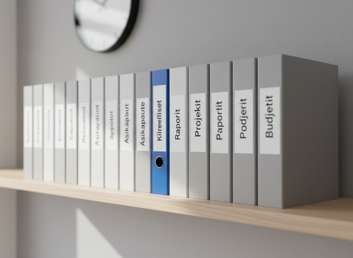 A tidy row of labeled, matte-white folders and slim gray binders on a light wood shelf, each spine neatly printed with terms like “Reklamaatiot”, “Asiakaspalaute”, and “Raportit”. Between them, a single cobalt-blue folder subtly stands out, symbolizing prioritized issues. The shelf sits against a soft, neutral gray wall, with a minimalist analog clock partially visible in the blurred background. Indirect daylight from the left casts soft, linear shadows along the shelf and folders, emphasizing their orderly arrangement. Captured from a slightly angled side view using the rule of thirds, the image has sharp focus on the folder titles and a gentle falloff toward the background. The atmosphere is structured, reliable, and corporate, rendered in photographic realism with a clean, understated business aesthetic.